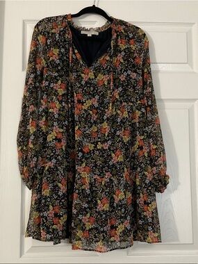 LOFT Black Floral Long-Sleeve Dress